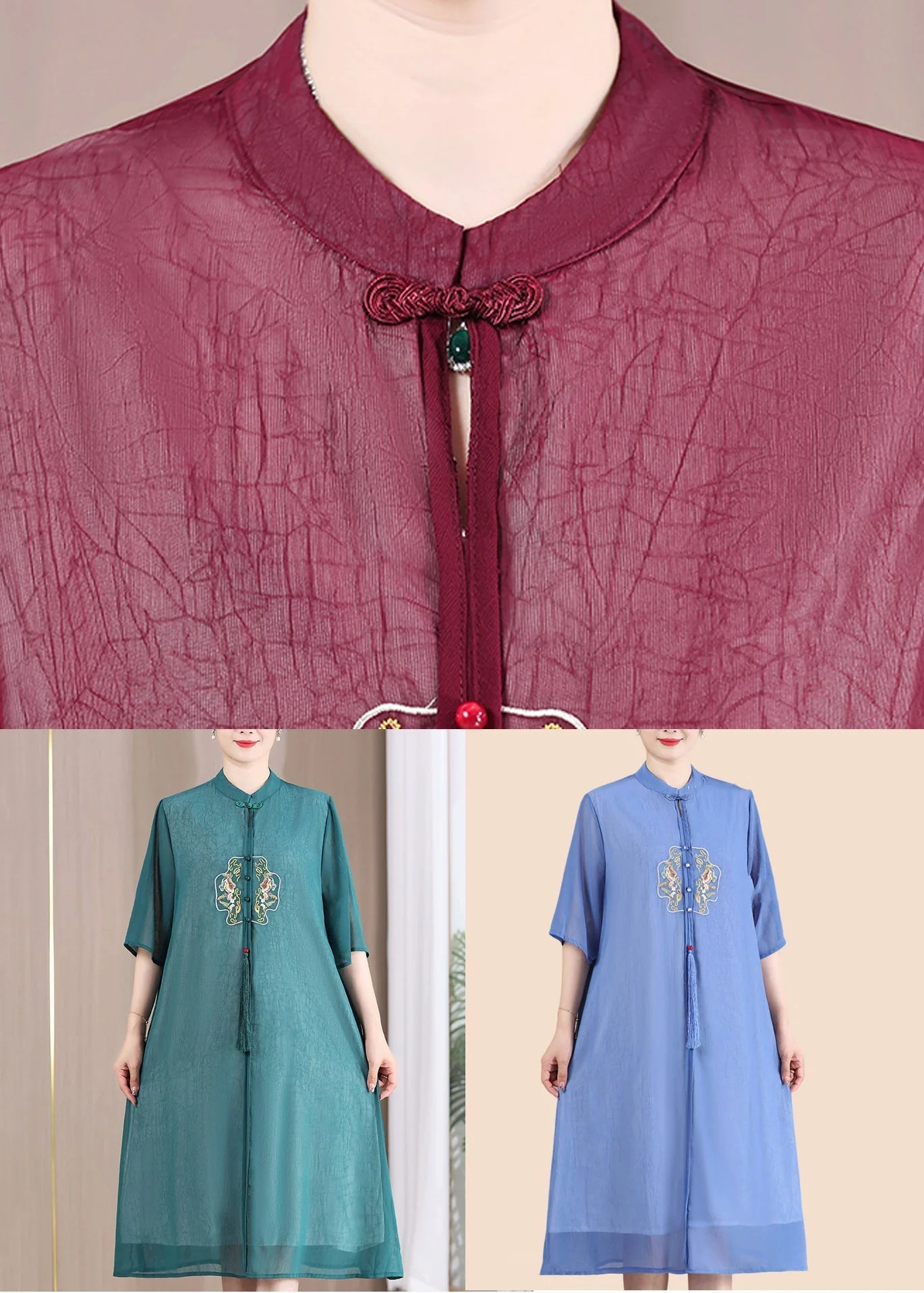 Plus Size Blue Tasseled Button Patchwork Dresses Summer - Image 4