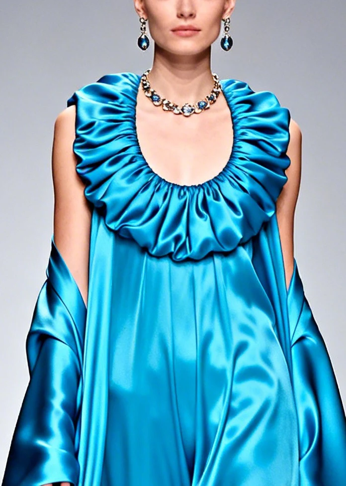 Plus Size Blue U Neck Patchwork Flower Silk Robe Dresses Summer - Image 2