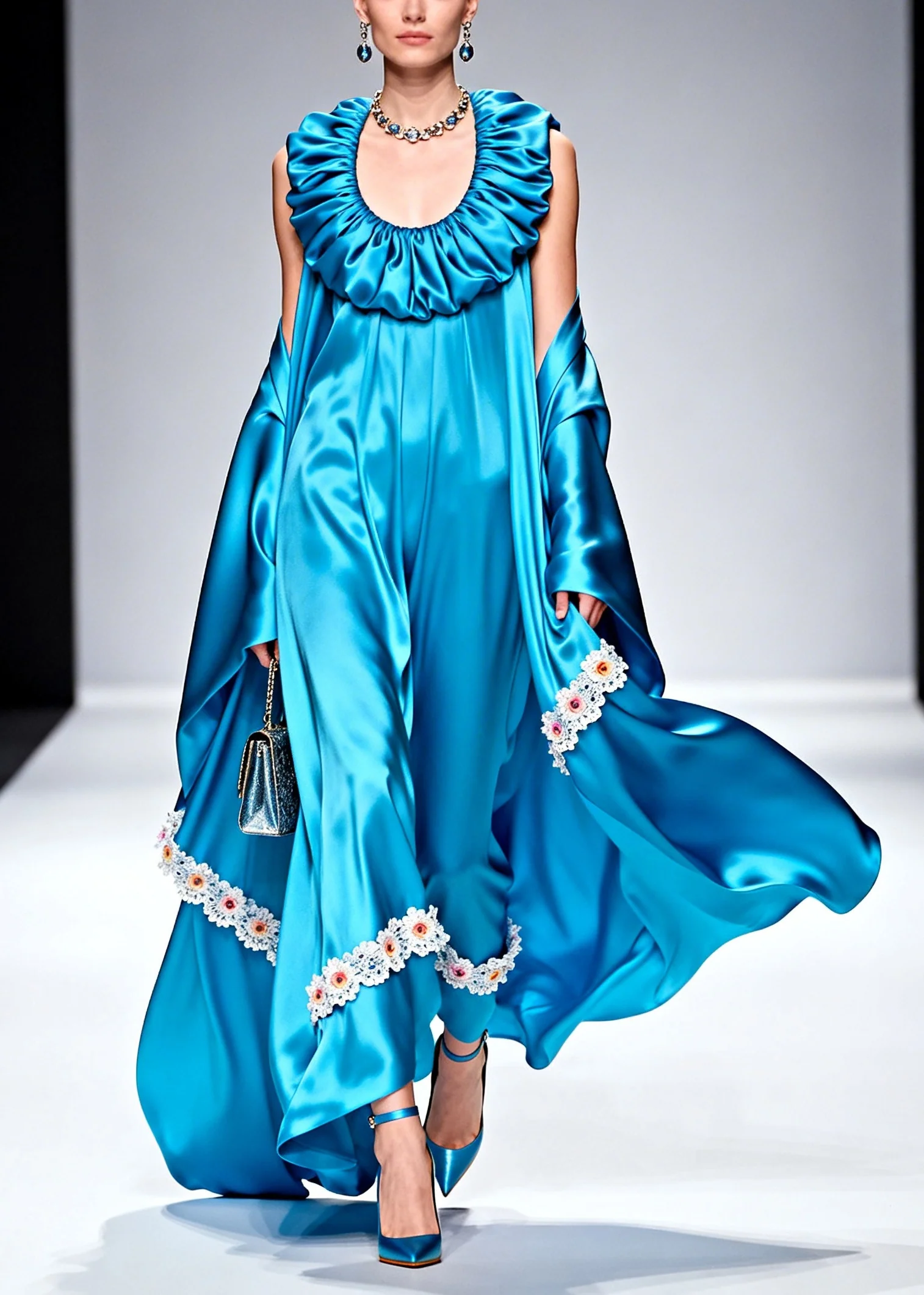 Plus Size Blue U Neck Patchwork Flower Silk Robe Dresses Summer - Image 3