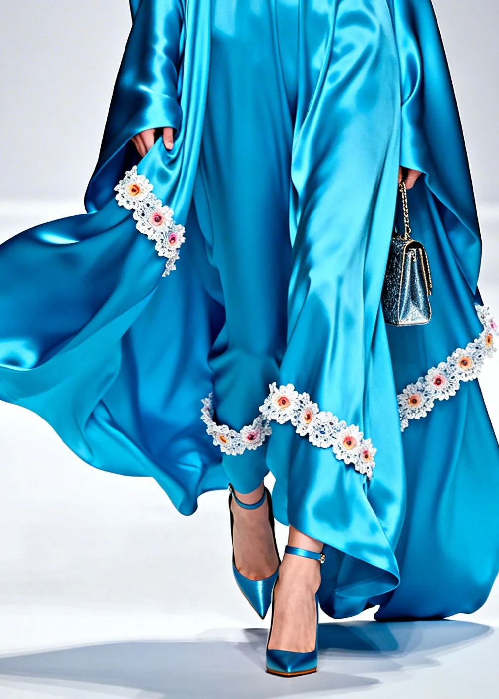 Plus Size Blue U Neck Patchwork Flower Silk Robe Dresses Summer - Image 4