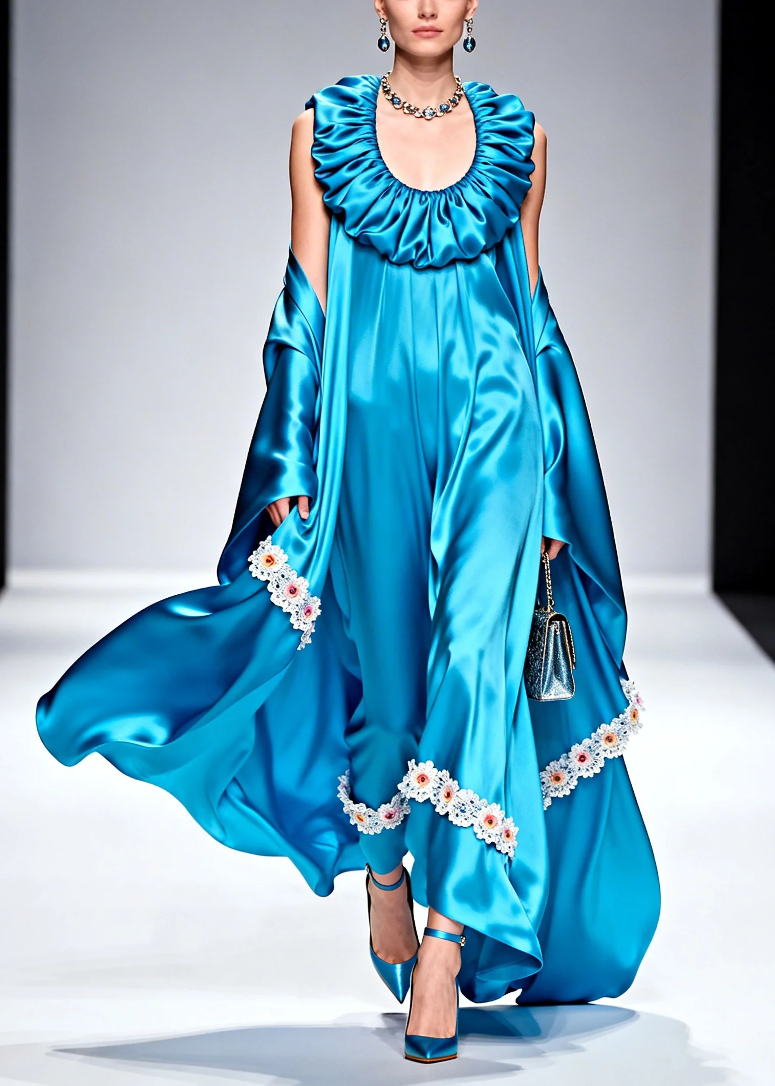 Plus Size Blue U Neck Patchwork Flower Silk Robe Dresses Summer - Image 5