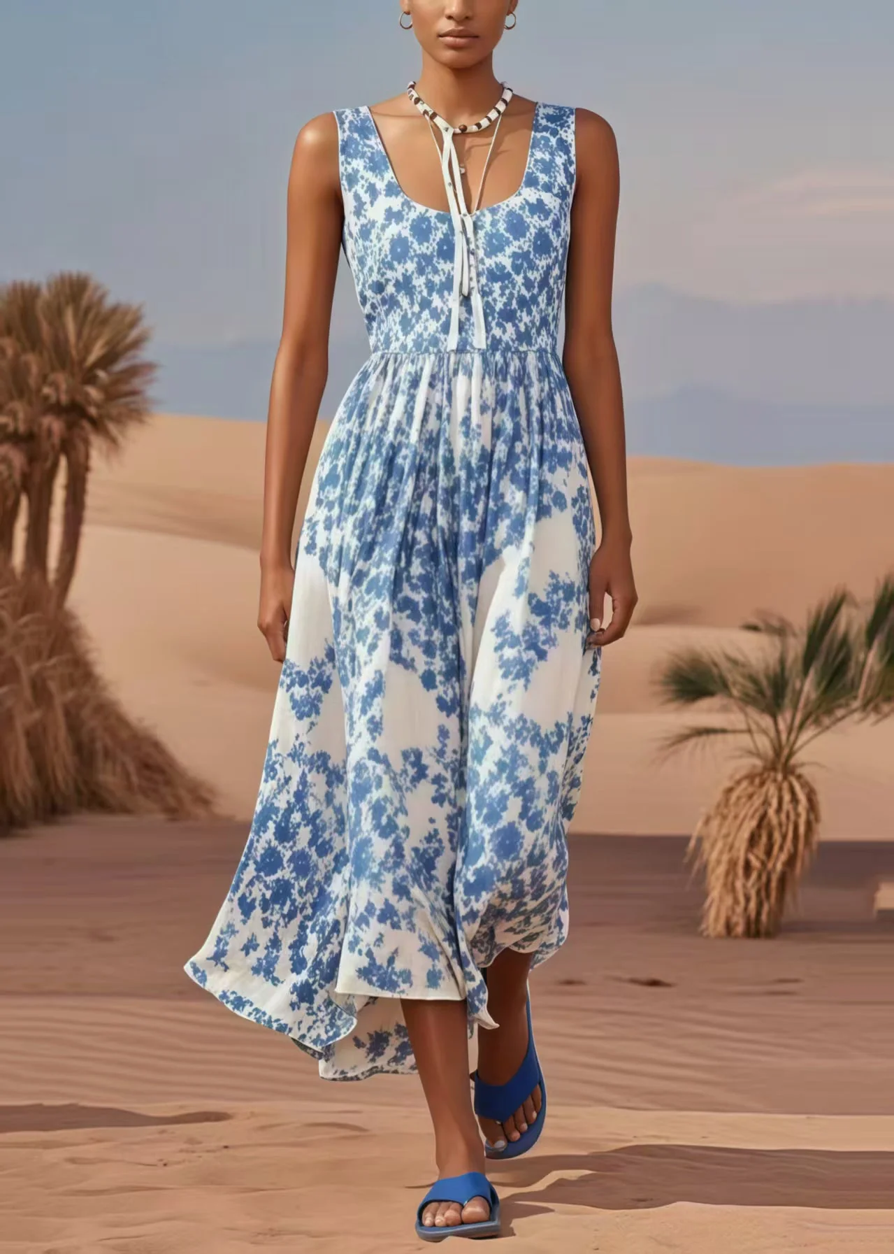 Plus Size Blue U Neck Print Cotton Holiday Dress Summer - Image 5