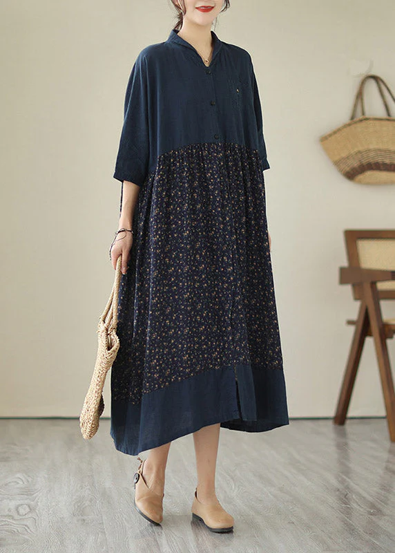 Plus Size Blue V Neck Print Patchwork Button Cotton Long Dresses Summer - Image 2