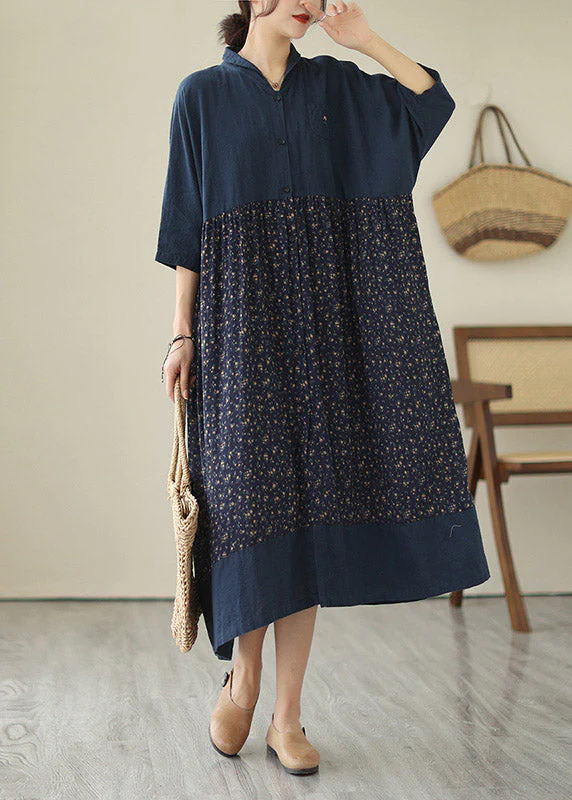 Plus Size Blue V Neck Print Patchwork Button Cotton Long Dresses Summer - Image 3