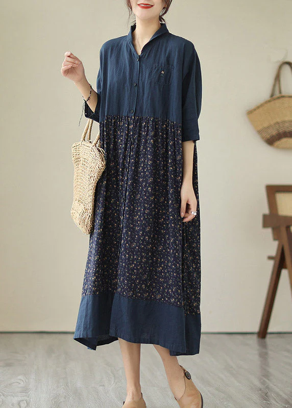 Plus Size Blue V Neck Print Patchwork Button Cotton Long Dresses Summer - Image 4