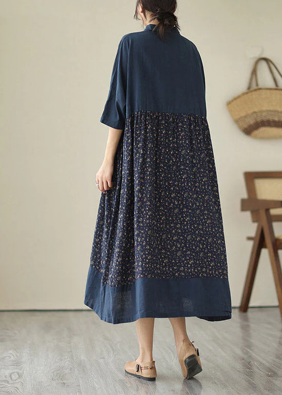Plus Size Blue V Neck Print Patchwork Button Cotton Long Dresses Summer - Image 5