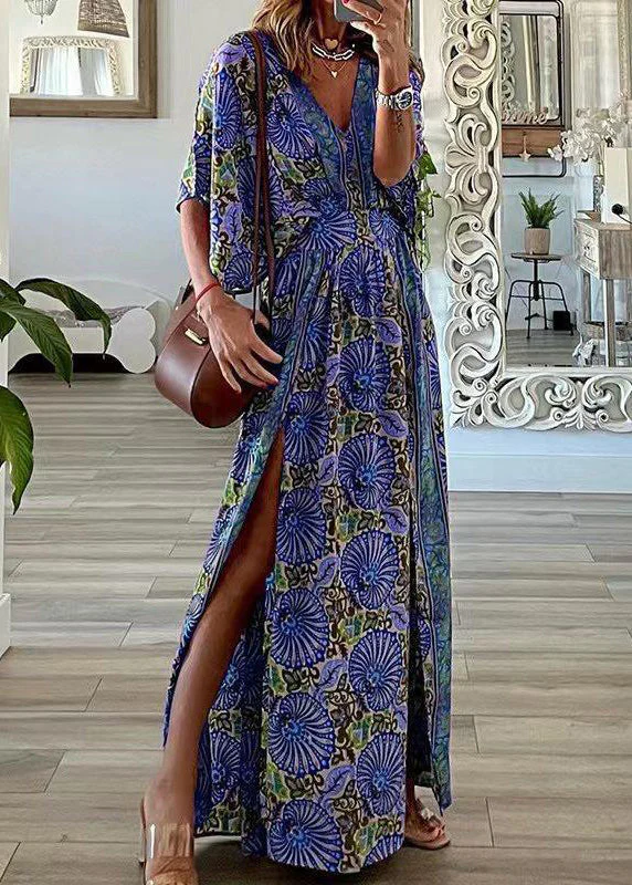 Plus Size Blue V Neck Print Side Open Cotton Maxi Dresses Summer