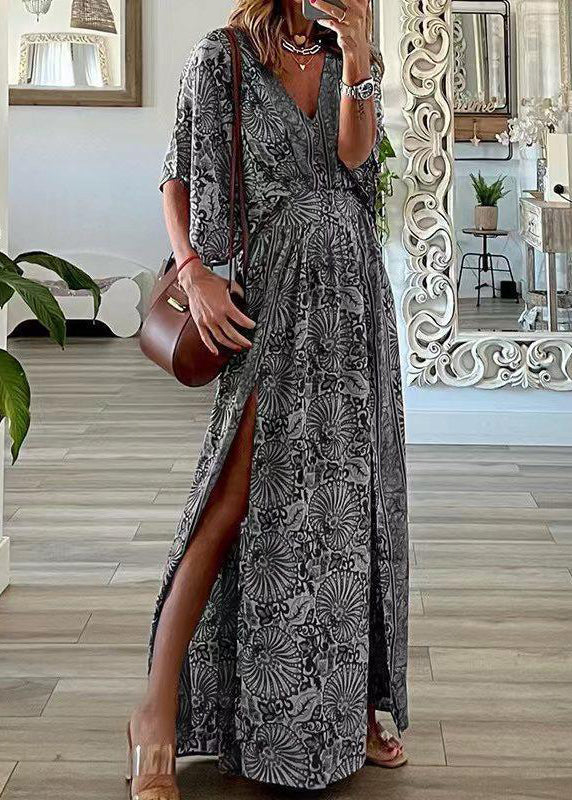 Plus Size Blue V Neck Print Side Open Cotton Maxi Dresses Summer - Image 3