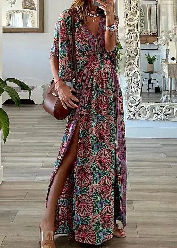 Plus Size Blue V Neck Print Side Open Cotton Maxi Dresses Summer - Image 4