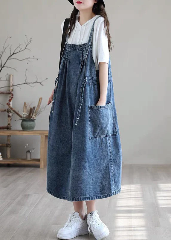 Plus Size Blue-white flower drawstring pocket Spaghetti Strap Cotton denim Dress Spring - Image 2