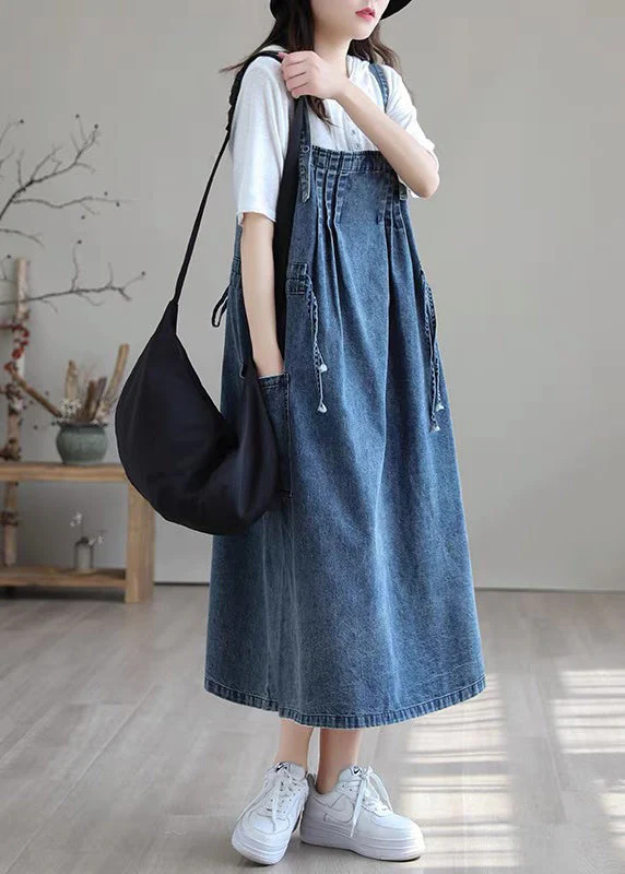 Plus Size Blue-white flower drawstring pocket Spaghetti Strap Cotton denim Dress Spring - Image 4