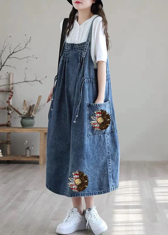 Plus Size Blue-white flower drawstring pocket Spaghetti Strap Cotton denim Dress Spring - Image 7