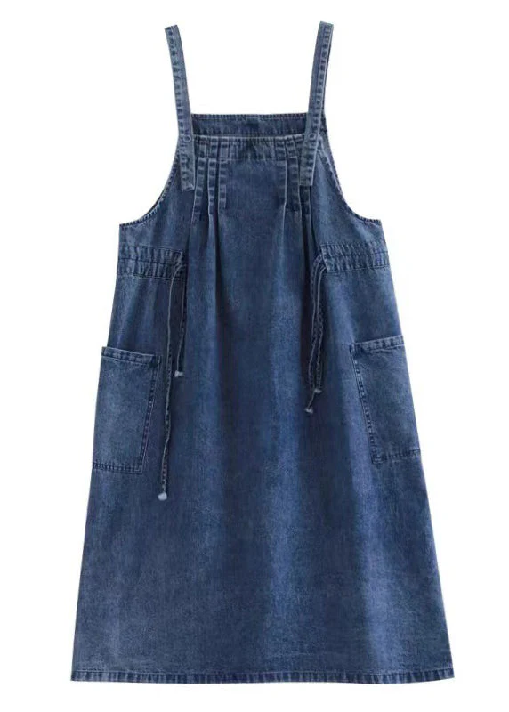 Plus Size Blue-white flower drawstring pocket Spaghetti Strap Cotton denim Dress Spring - Image 8