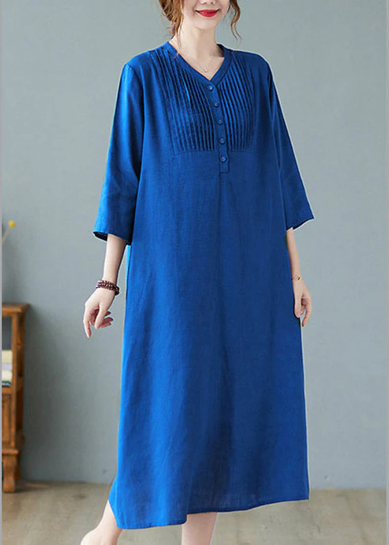 Plus Size Blue Wrinkled Linen Long Dresses Half Sleeve - Image 4