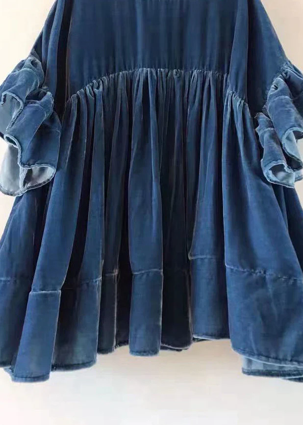 Plus Size Blue Wrinkled Patchwork Velour Short Dress Butterfly Sleeve - Image 3