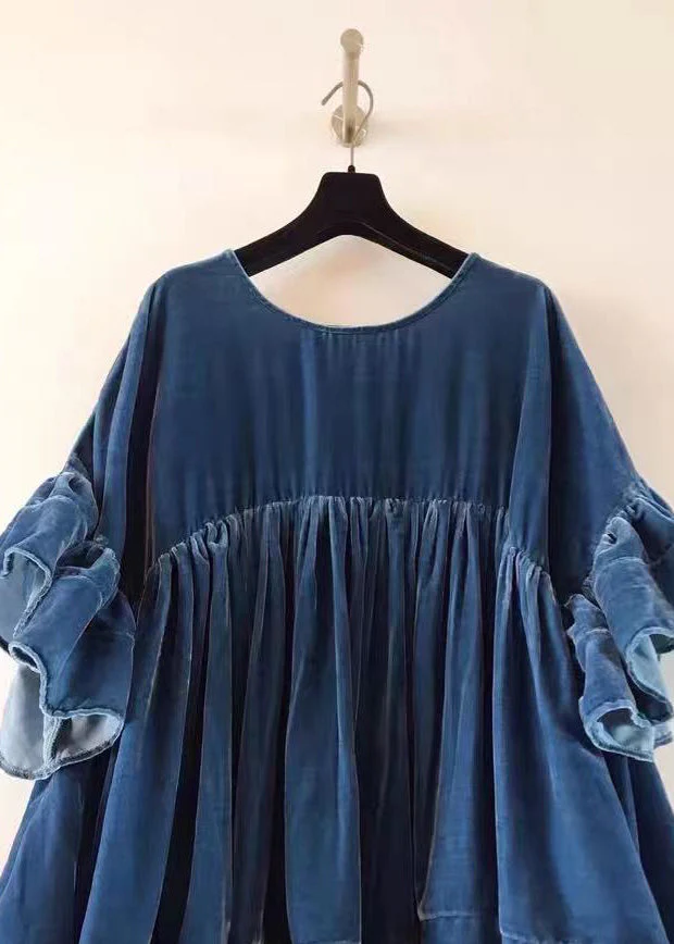 Plus Size Blue Wrinkled Patchwork Velour Short Dress Butterfly Sleeve - Image 4