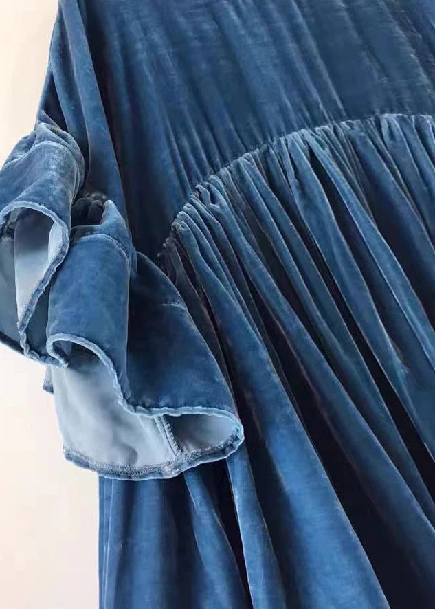 Plus Size Blue Wrinkled Patchwork Velour Short Dress Butterfly Sleeve - Image 5