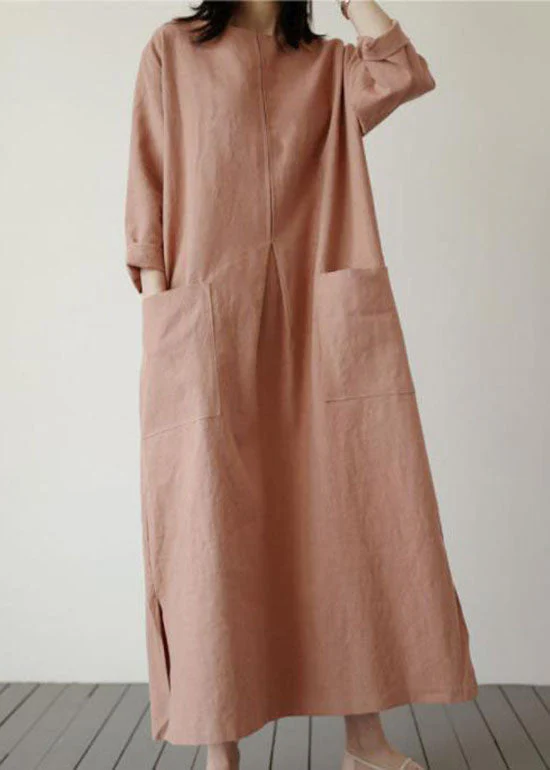 Plus Size Brick Red Pockets Linen Long Dress Spring - Image 2