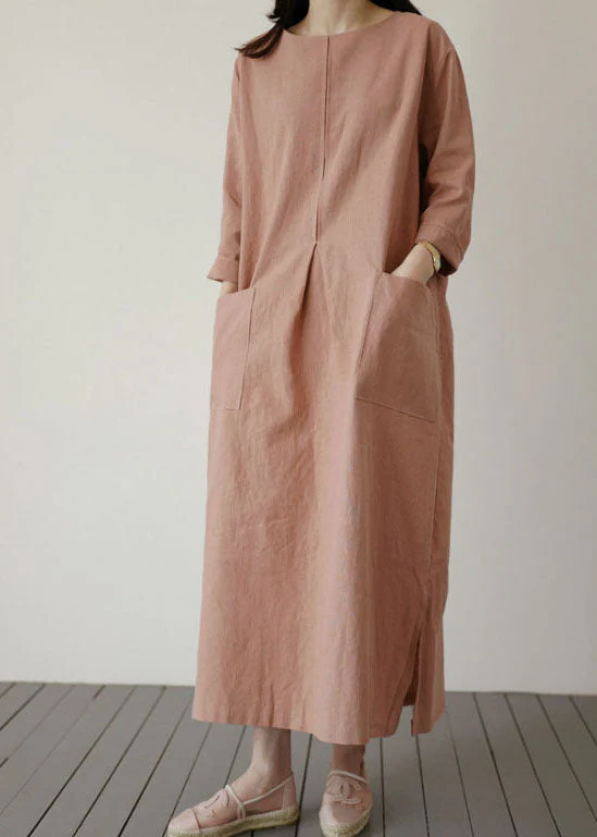 Plus Size Brick Red Pockets Linen Long Dress Spring - Image 3