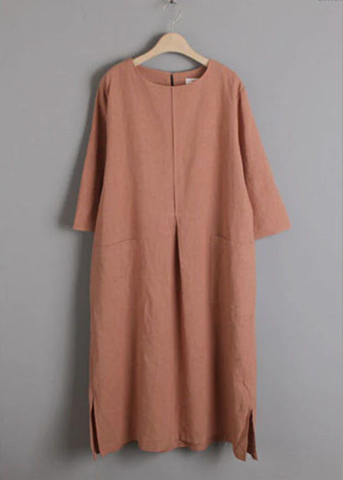 Plus Size Brick Red Pockets Linen Long Dress Spring - Image 4