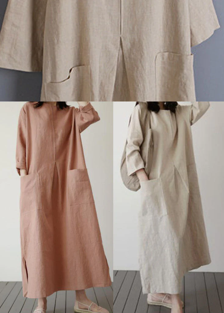 Plus Size Brick Red Pockets Linen Long Dress Spring - Image 5