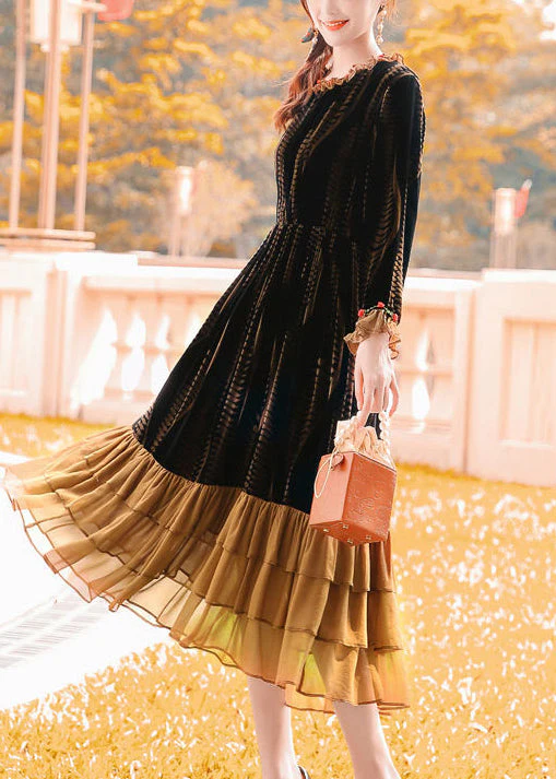 Plus Size Brown Cinched Patchwork Ruffles Silk Velour Dress Spring - Image 4