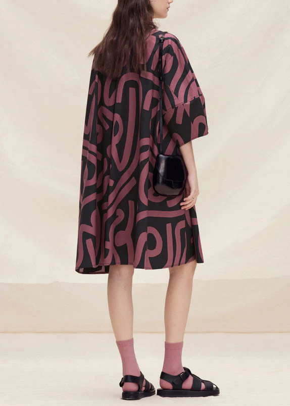 Plus Size Brown O Neck Print Cotton Mid Dress Lantern Sleeve - Image 4