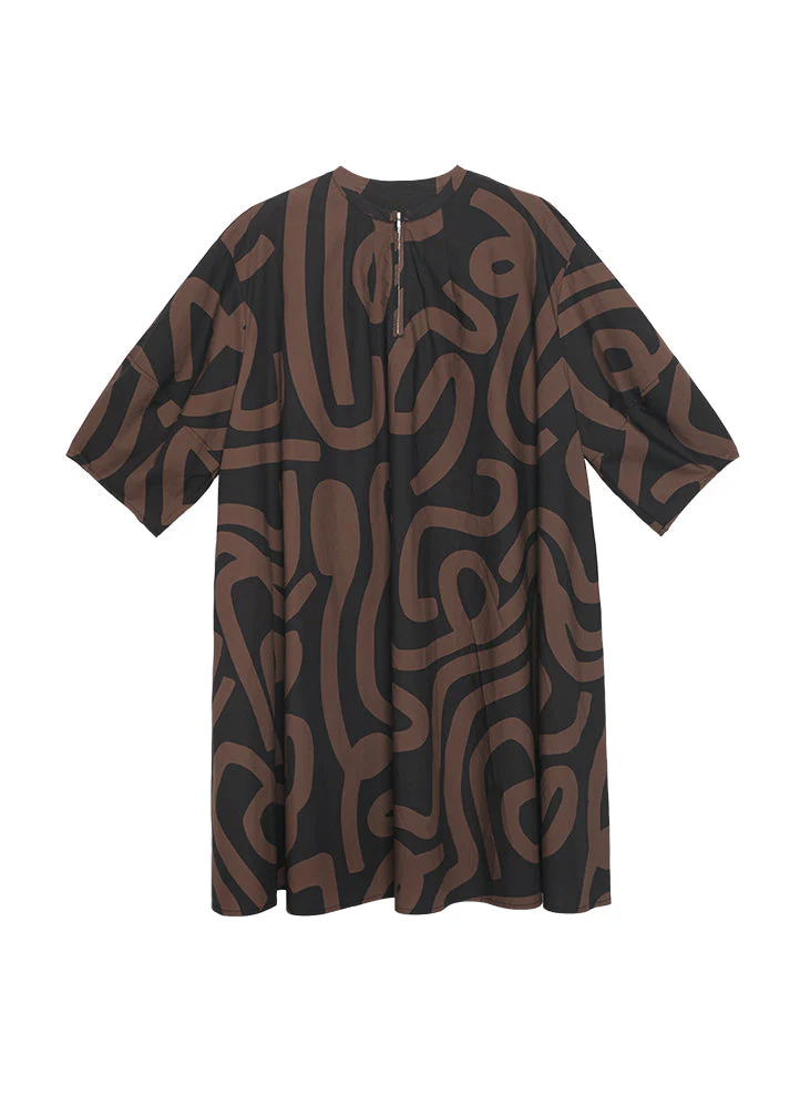 Plus Size Brown O Neck Print Cotton Mid Dress Lantern Sleeve - Image 5