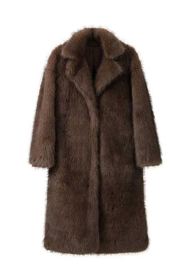 Plus Size Brown Peter Pan Collar Pockets Faux Fur Coats Winter - Image 5