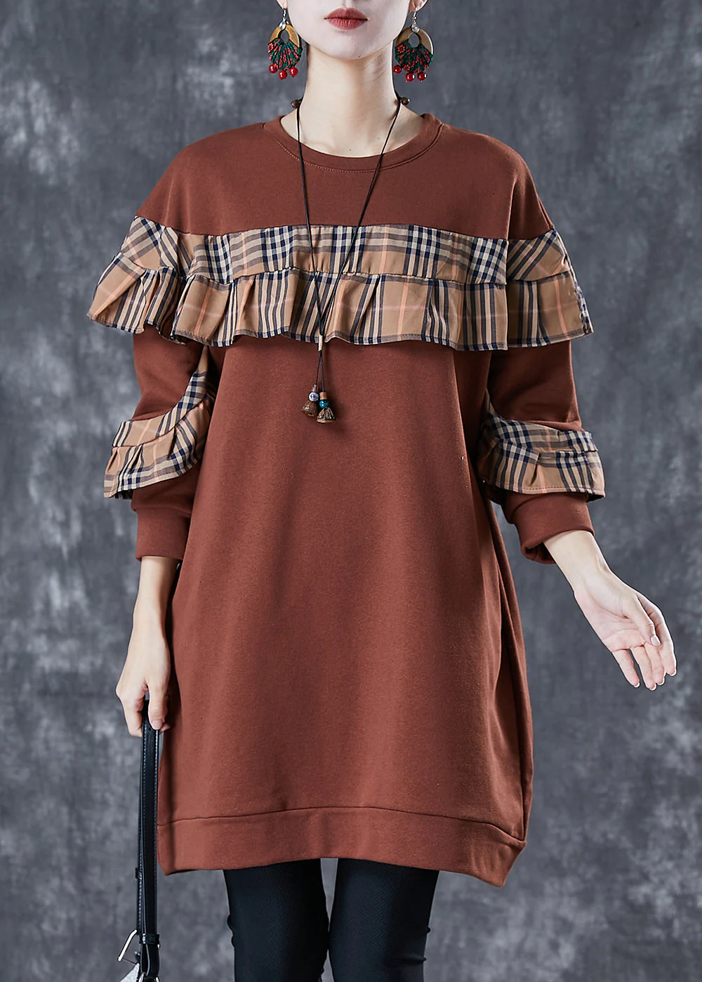 Plus Size Brown Ruffled Patchwork Cotton Sweatshirts Dress Fall - Image 2