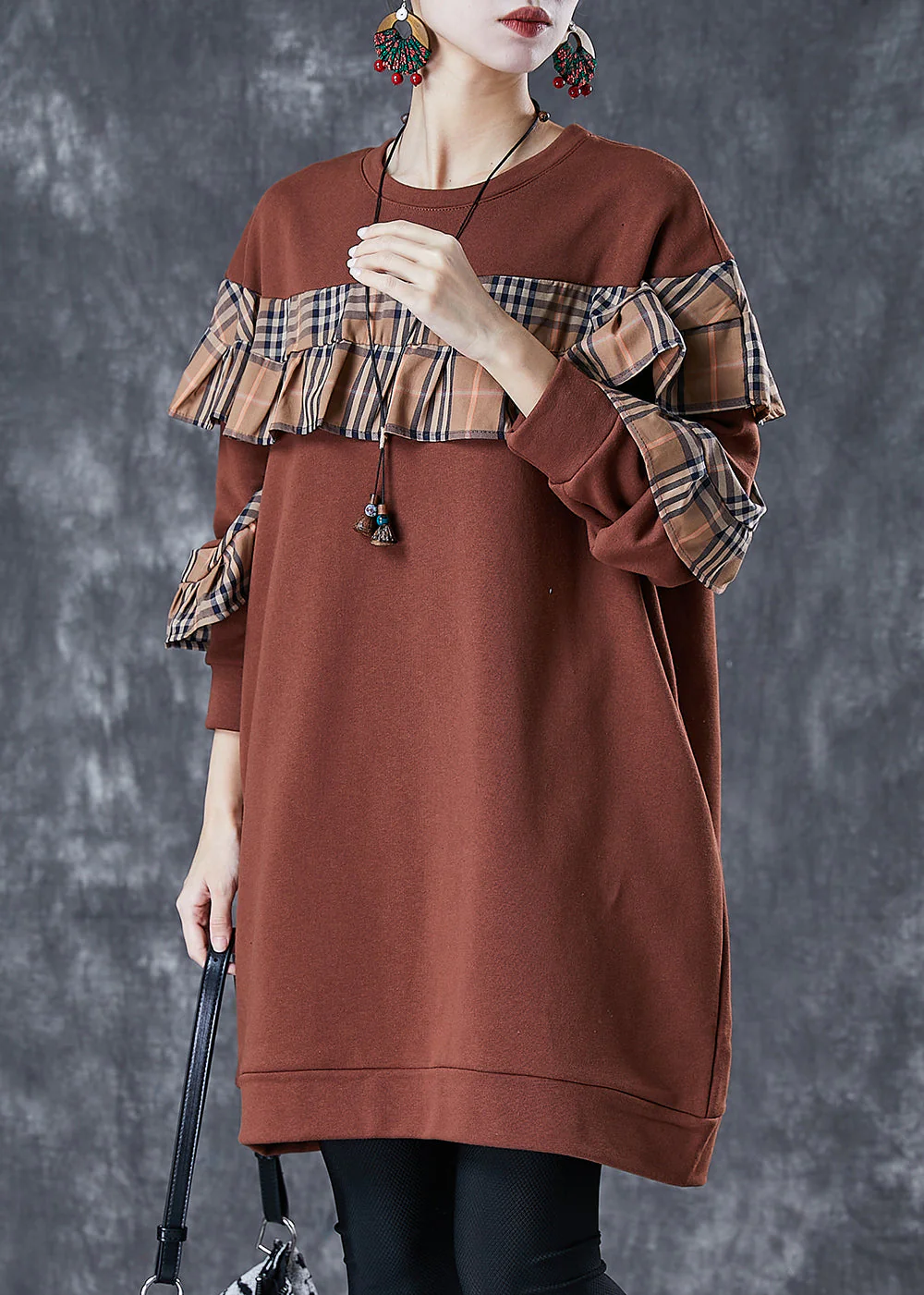 Plus Size Brown Ruffled Patchwork Cotton Sweatshirts Dress Fall - Image 3