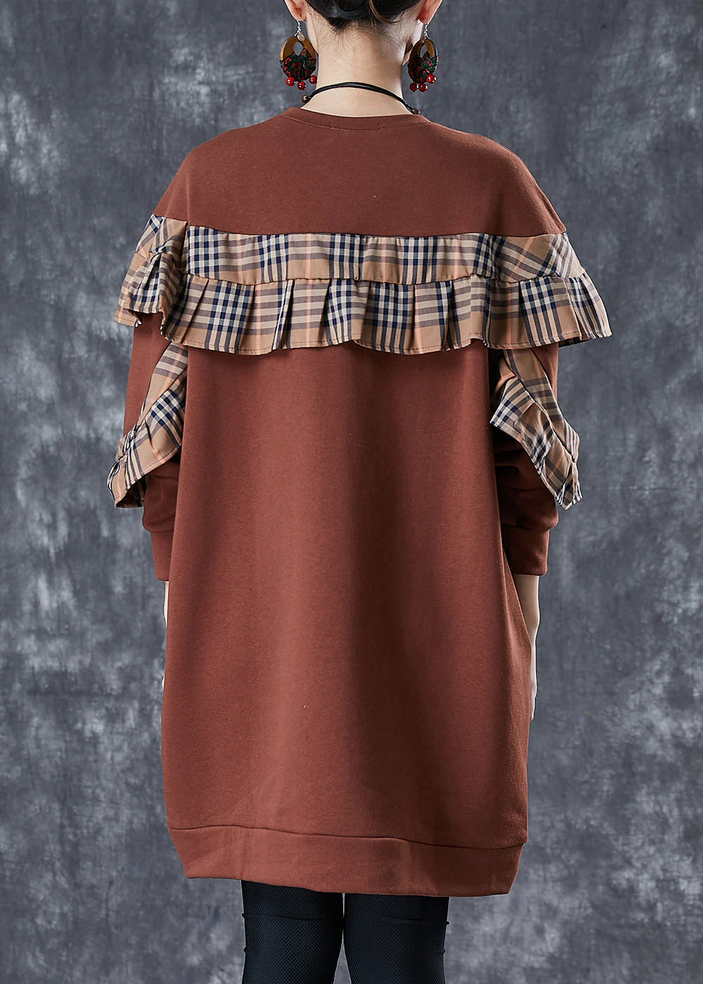 Plus Size Brown Ruffled Patchwork Cotton Sweatshirts Dress Fall - Image 4