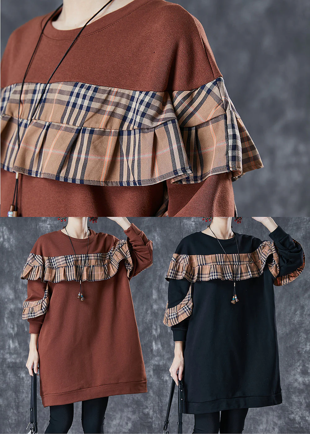 Plus Size Brown Ruffled Patchwork Cotton Sweatshirts Dress Fall - Image 5