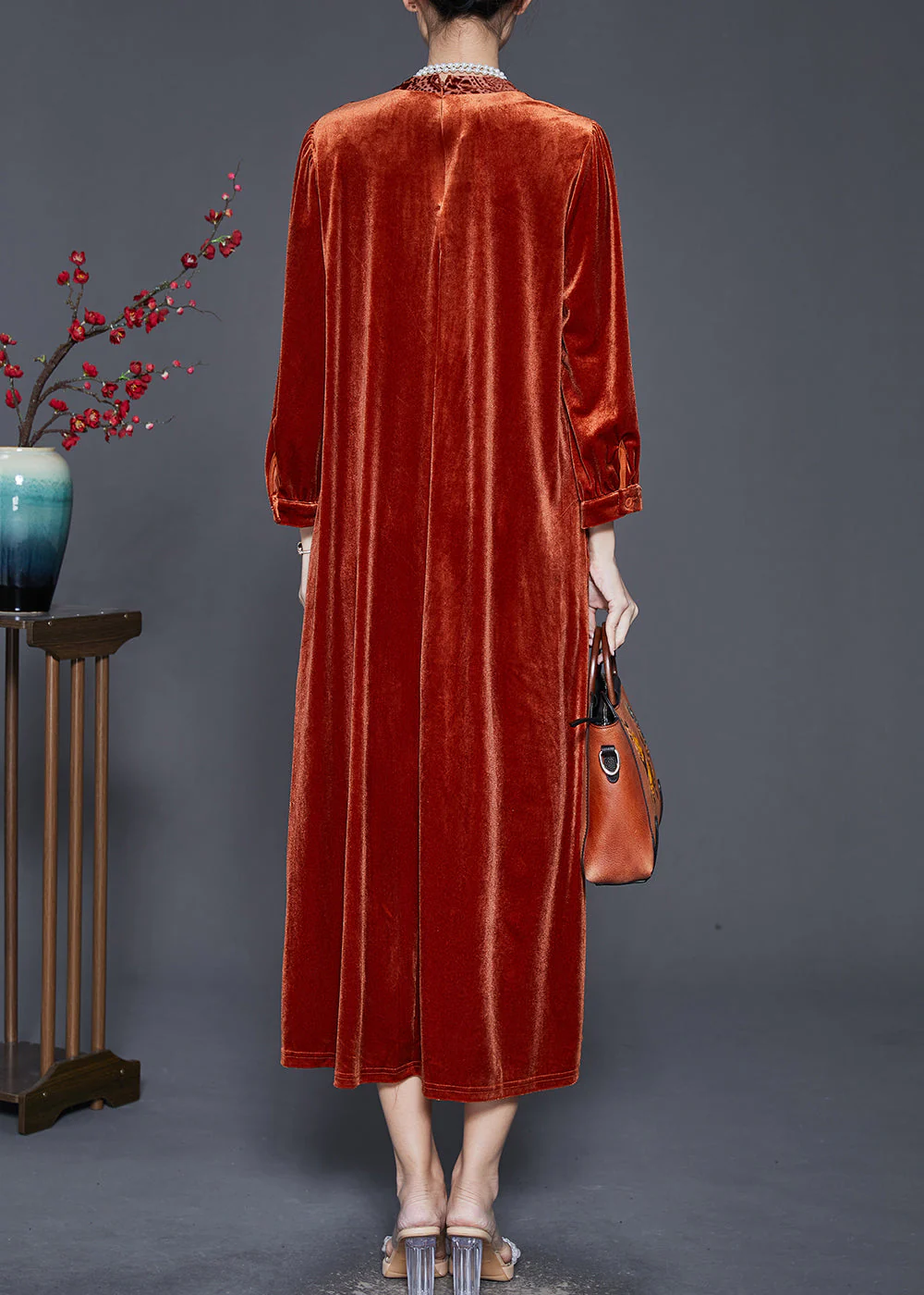 Plus Size Caramel Oversized Patchwork Silk Velvet Ankle Dress Spring - Image 4