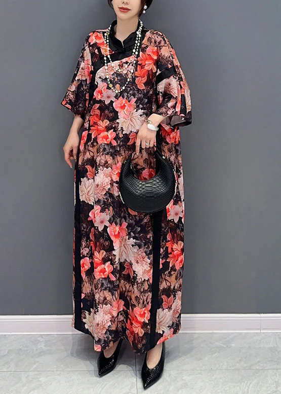 Plus Size Chinese Style Red Stand Collar Print Chiffon Dresses Fall - Image 3