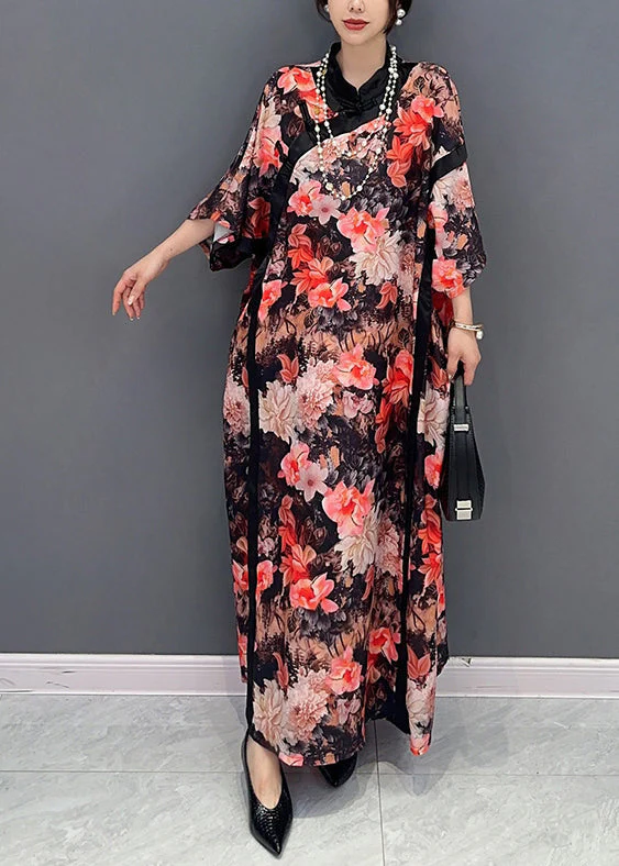 Plus Size Chinese Style Red Stand Collar Print Chiffon Dresses Fall - Image 4