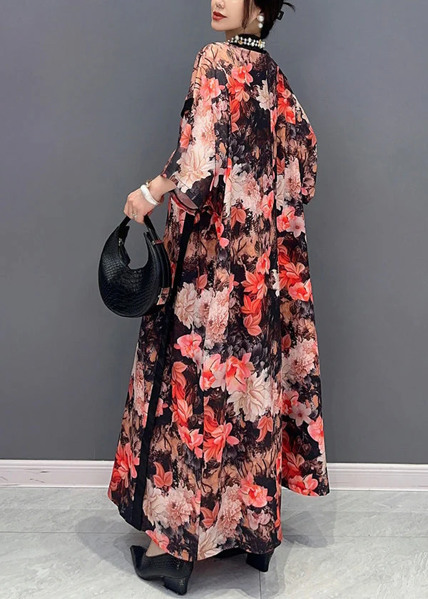 Plus Size Chinese Style Red Stand Collar Print Chiffon Dresses Fall - Image 5