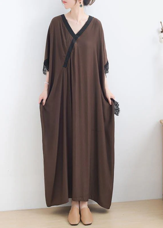 Elegant Chocolate Lace Trim Caftan Maxi Summer Chiffon Dress Gown - Image 2