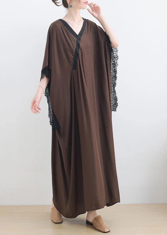 Elegant Chocolate Lace Trim Caftan Maxi Summer Chiffon Dress Gown - Image 3
