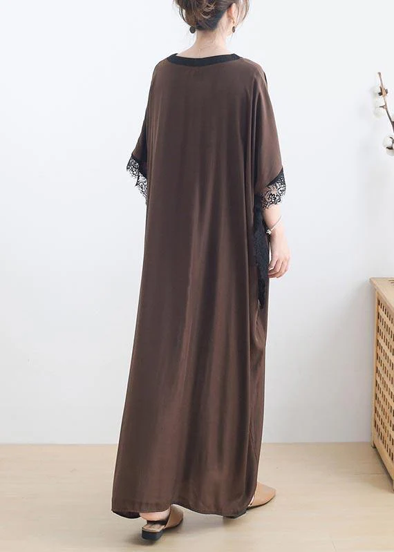 Elegant Chocolate Lace Trim Caftan Maxi Summer Chiffon Dress Gown - Image 4