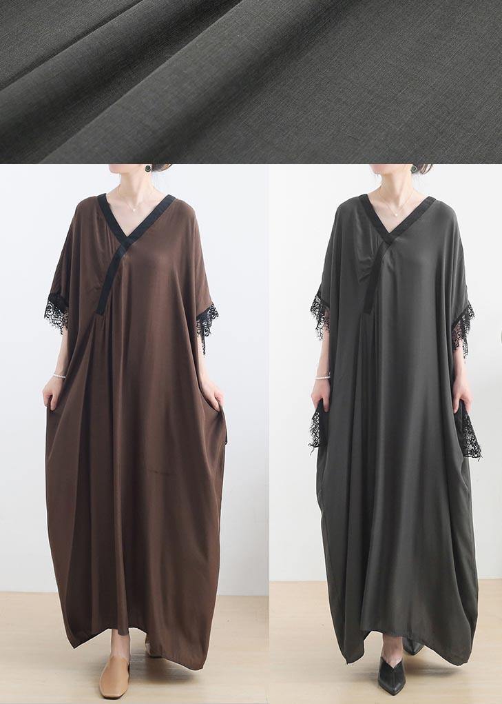 Elegant Chocolate Lace Trim Caftan Maxi Summer Chiffon Dress Gown - Image 5