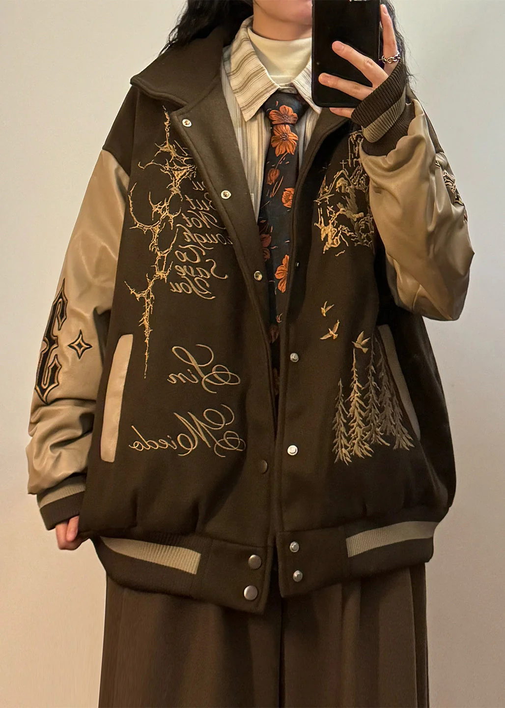 Plus Size Coffee Embroidered Faux Leather Patchwork Cotton Filled Parkas Winter - Image 2