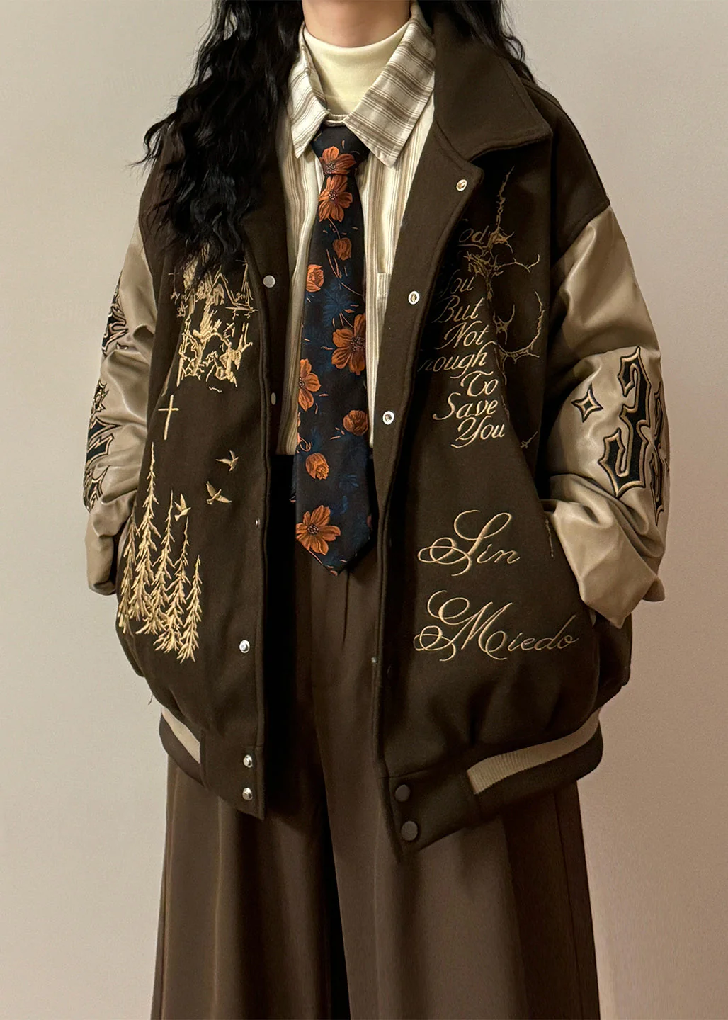 Plus Size Coffee Embroidered Faux Leather Patchwork Cotton Filled Parkas Winter - Image 3