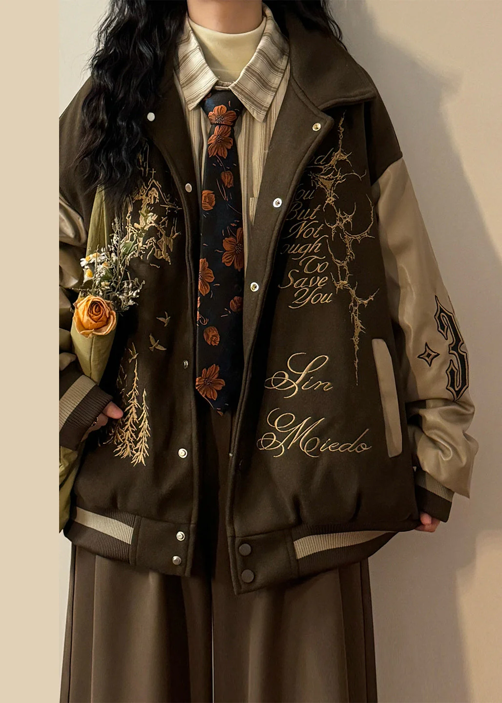 Plus Size Coffee Embroidered Faux Leather Patchwork Cotton Filled Parkas Winter - Image 4