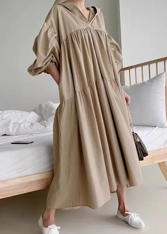 Plus Size Coffee Hooded Exra Large Hem Cotton Holiday Dress Fall