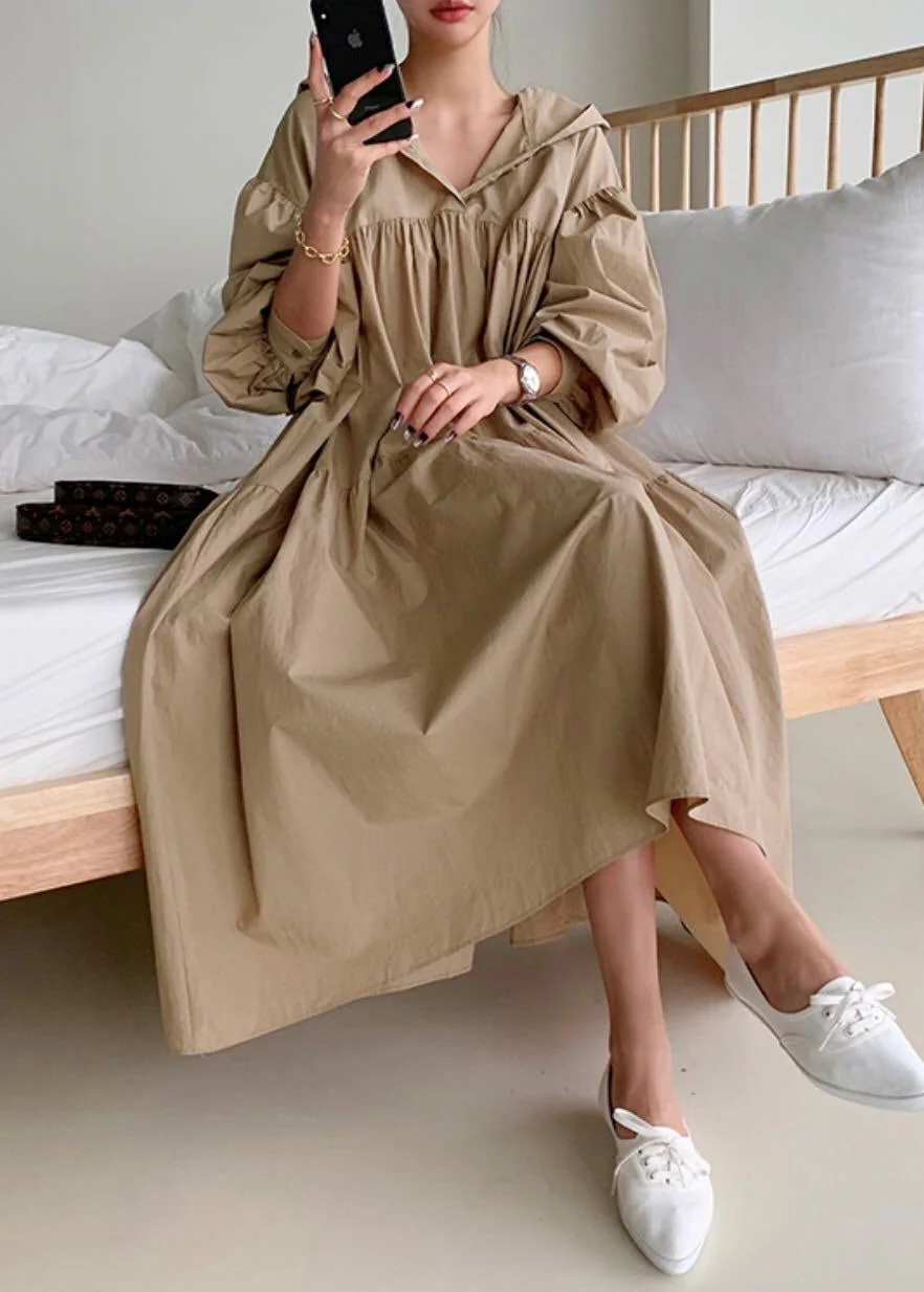 Plus Size Coffee Hooded Exra Large Hem Cotton Holiday Dress Fall - Image 2
