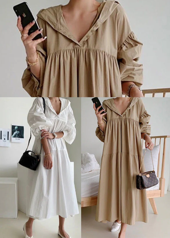 Plus Size Coffee Hooded Exra Large Hem Cotton Holiday Dress Fall - Image 5