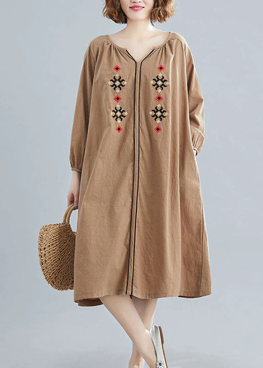 Plus Size Chocolate Loose Dress V Neck Spring - Image 2
