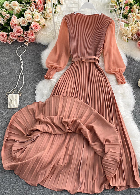 Plus Size Chocolate O-Neck Chiffon Sashes Long Pleated Dress Long Sleeve - Image 2