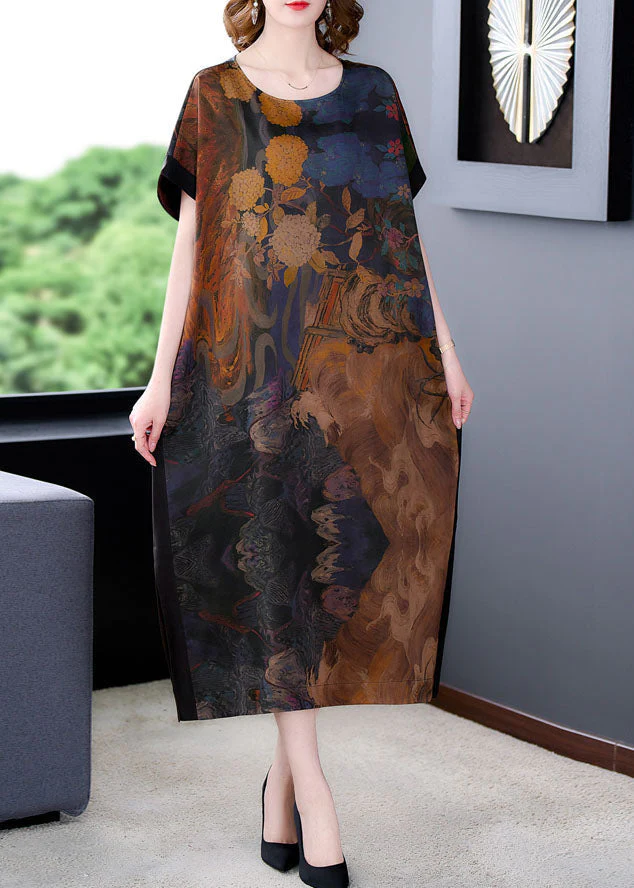 Plus Size Coffee O Neck Print Side Open Patchwork Silk Dresses Summer - Image 2